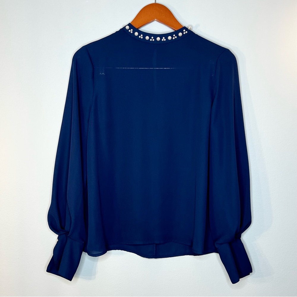 Worthington Embellished Beaded Blouse Sz S Navy Blue Mock Neck Bishop Sleeves - Picture 2 of 14
